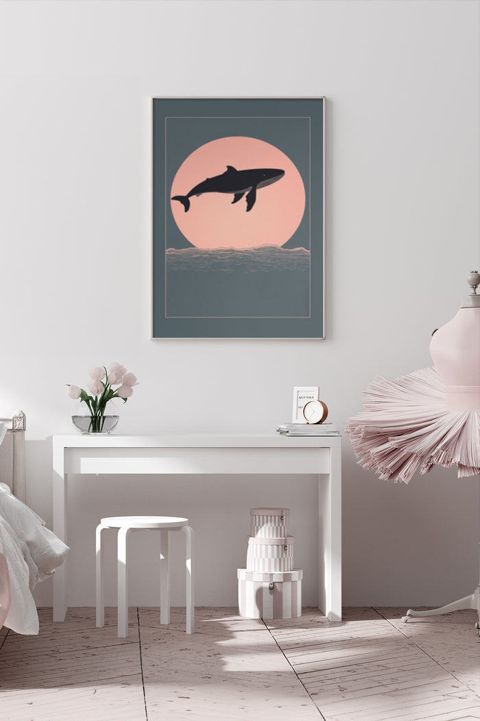 Minimalist interior design with a framed poster of a shark silhouette against a peachy sunset background