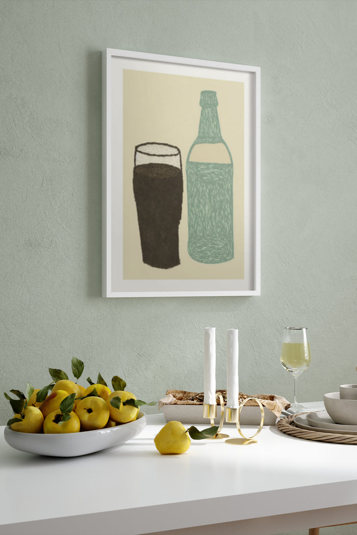 Minimalist Art Print of a Soda Bottle and Glass in Stylish Dining Room Decor