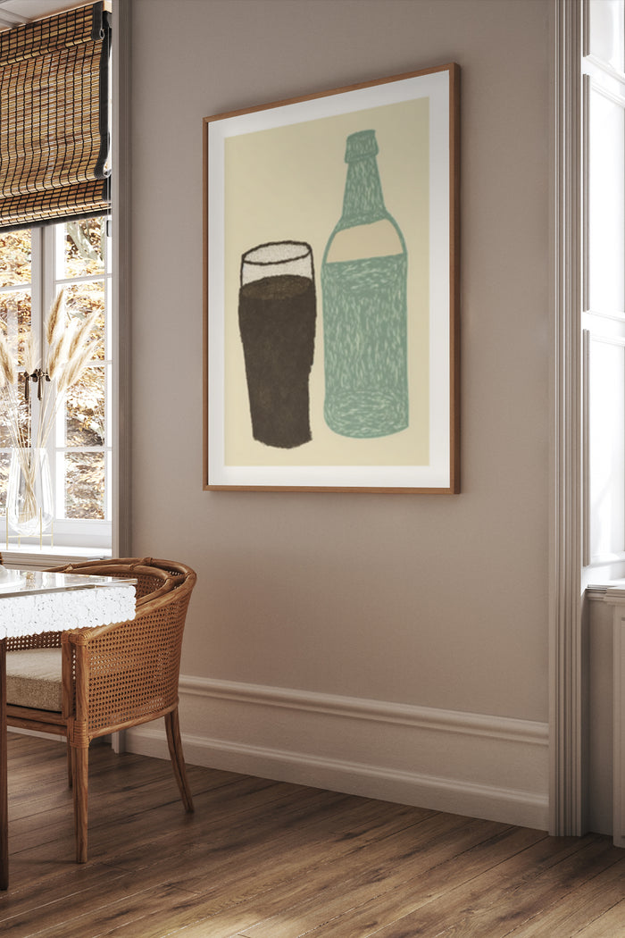 Minimalist wall art poster featuring a stylized depiction of a soda bottle beside a full glass in a home interior setting