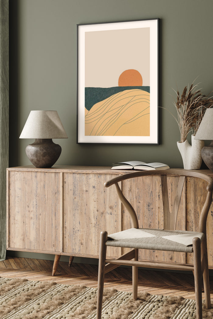 Minimalist sunset and hills artwork poster framed on a wall above a wooden sideboard in a stylish living room interior