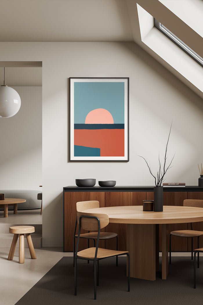 Minimalist abstract sunset poster framed on a wall in a contemporary dining room interior