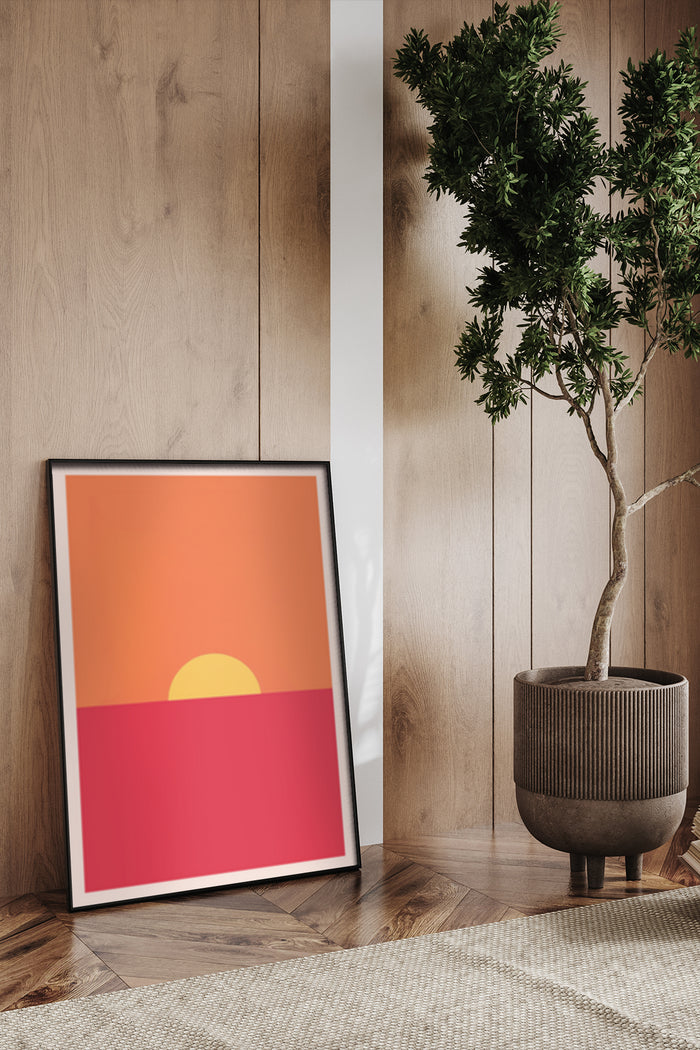Minimalist sunset poster in a stylish modern interior home decor setting
