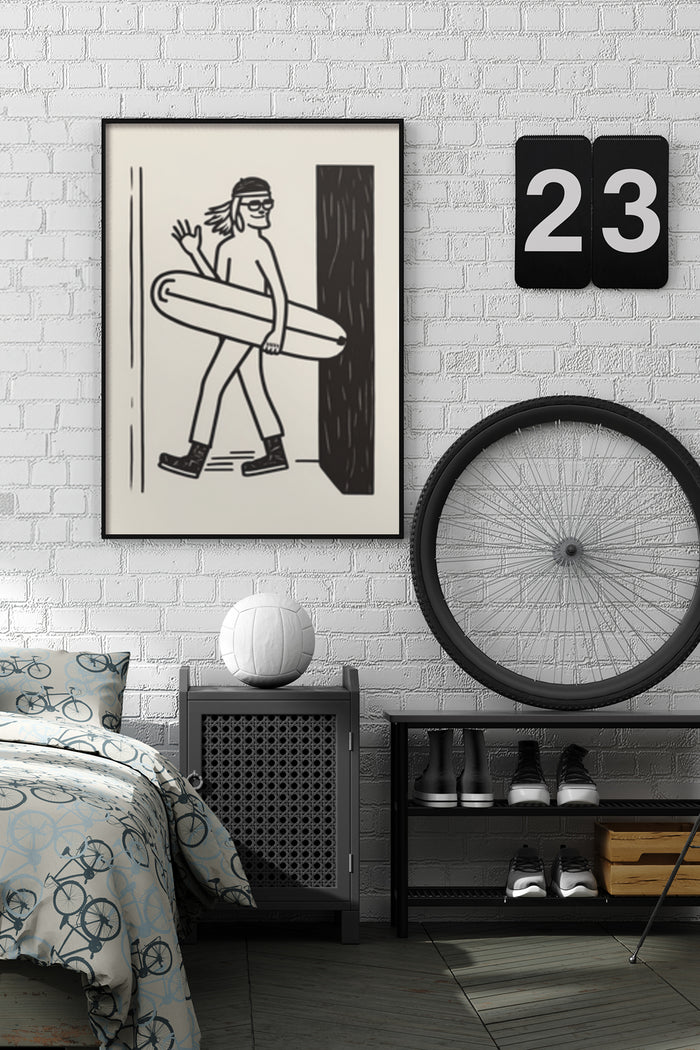 Minimalist black and white surfer artwork poster hanging in a modern bedroom setting