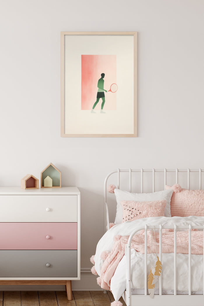 Minimalist tennis player artwork poster displayed in a modern bedroom interior