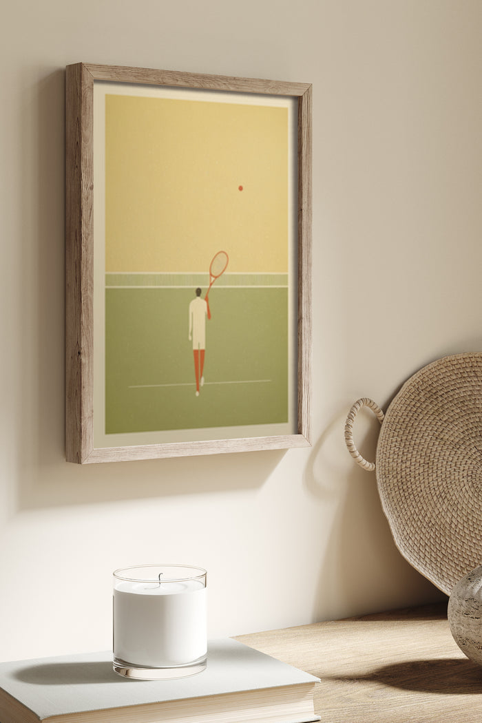 Minimalist tennis player framed poster artwork displayed on wall