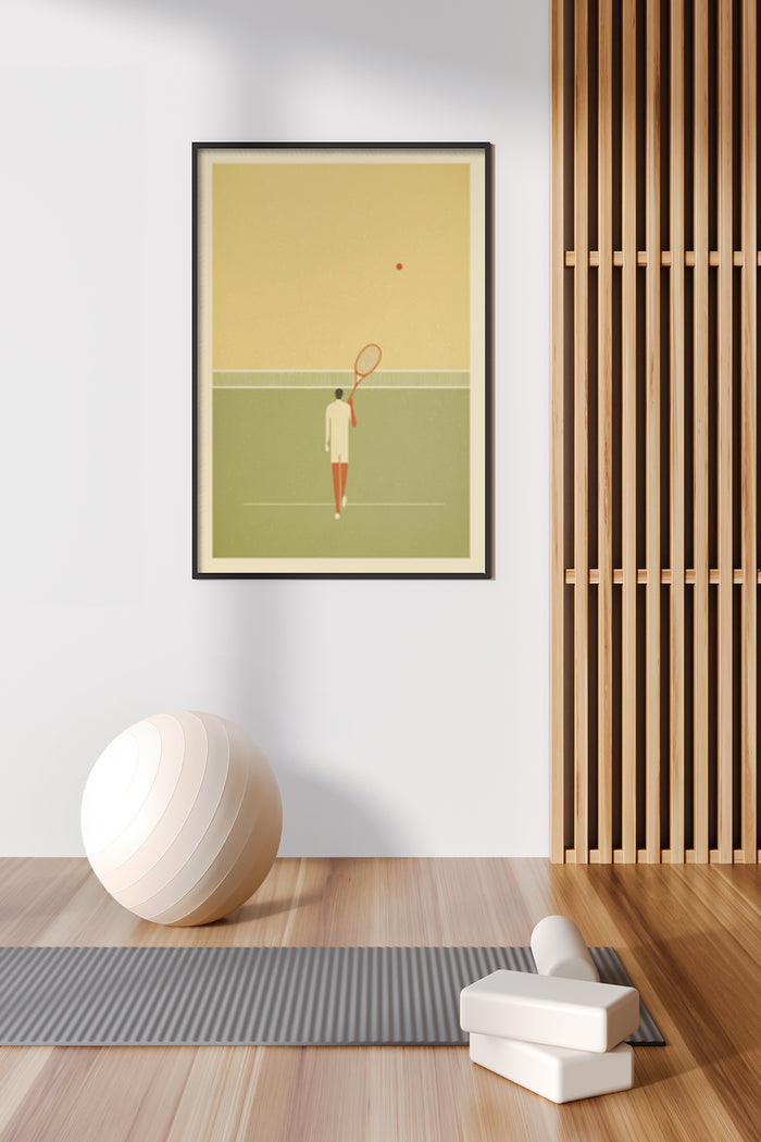 Minimalist artwork of a tennis player ready to hit the ball on a poster hanging in a modern room