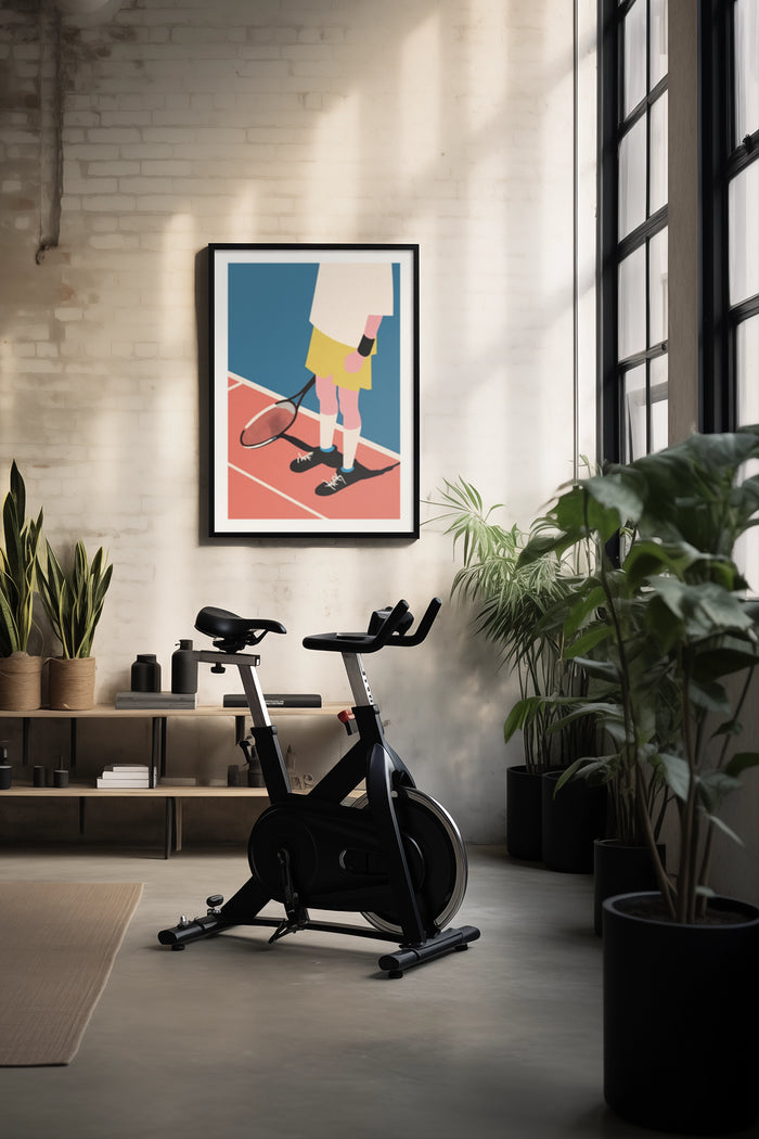 Stylish poster of a minimalist illustration depicting a tennis player in an indoor setting with exercise bike and houseplants