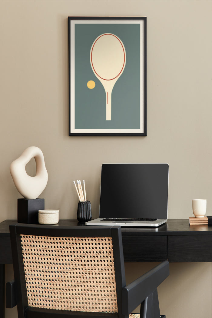 Minimalist Tennis Racket and Ball Poster in Home Office Setup