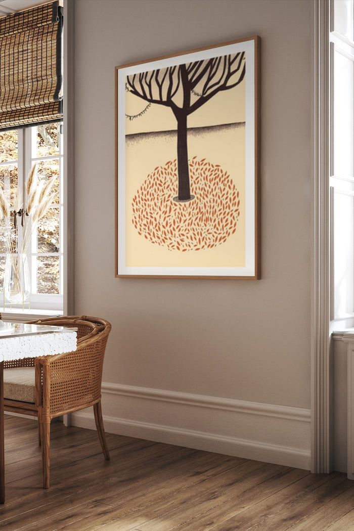 Minimalist Tree Art Poster Hung on a Wall in a Cozy Room