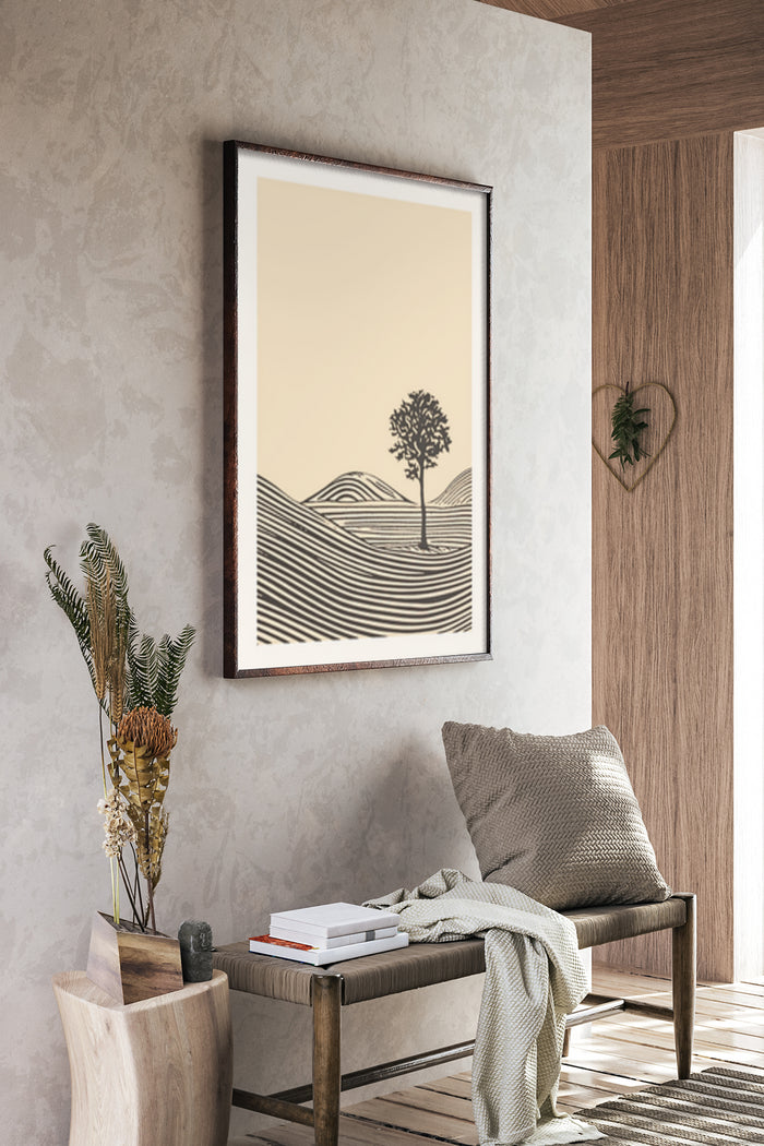 Minimalist tree and rolling hills line art poster in a modern interior setting
