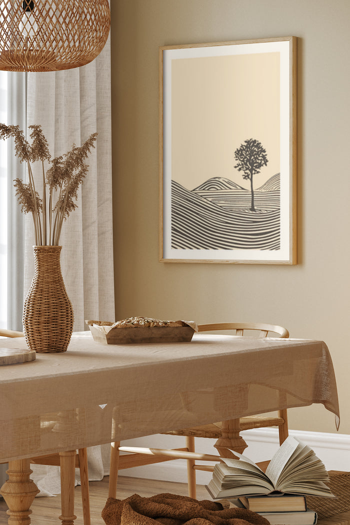 Minimalist tree line art illustration in a warm beige frame as modern home decor