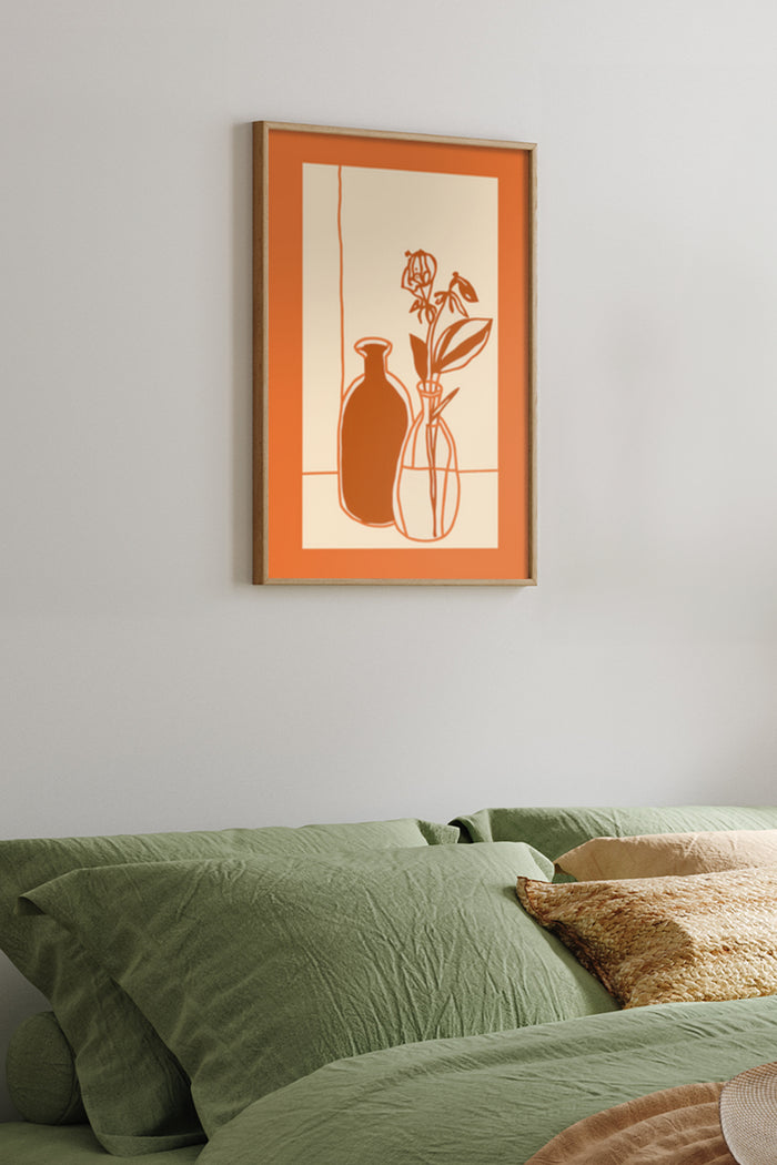 Minimalist Vase and Rose Line Art Poster Hanging Over a Green Bedspread in a Cozy Bedroom