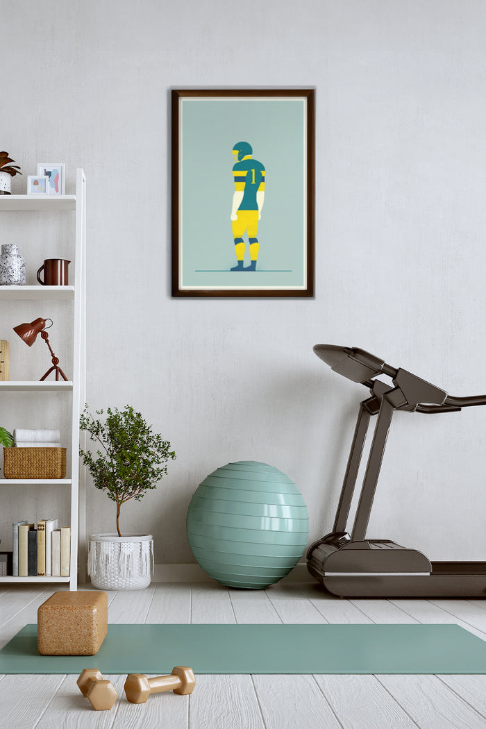 Minimalist vintage-style football player poster framed on the wall of a modern home gym with treadmill and exercise equipment