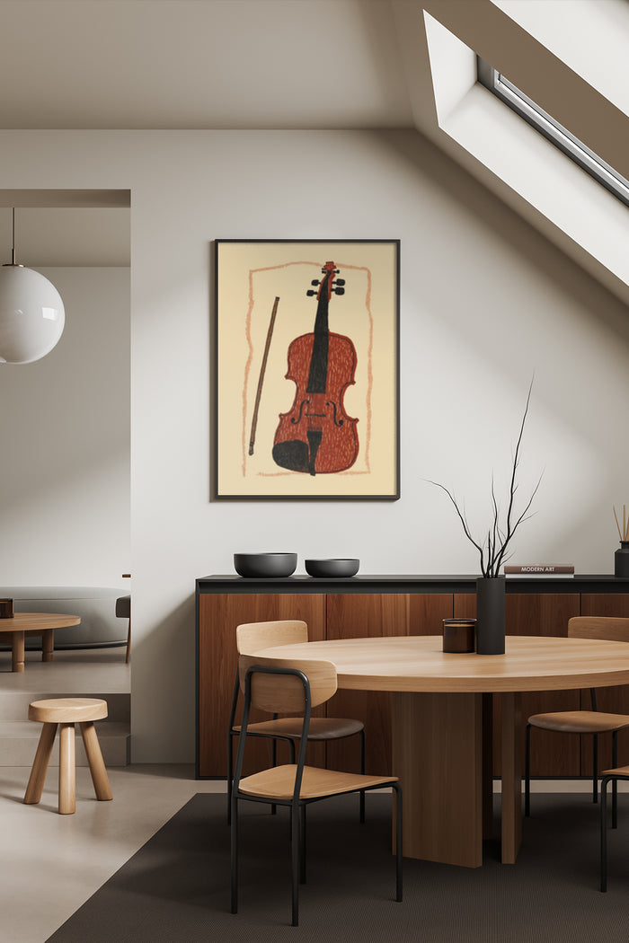 Minimalist violin poster in a contemporary dining room setting