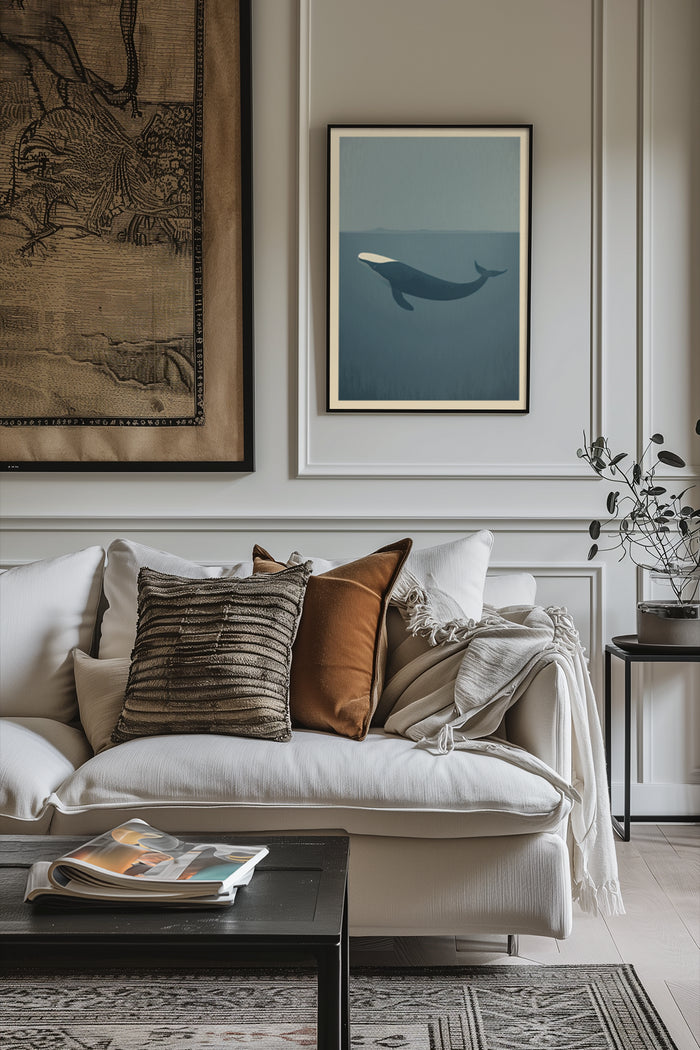 Stylish minimalist interior with whale poster, comfortable sofa and elegant home decor
