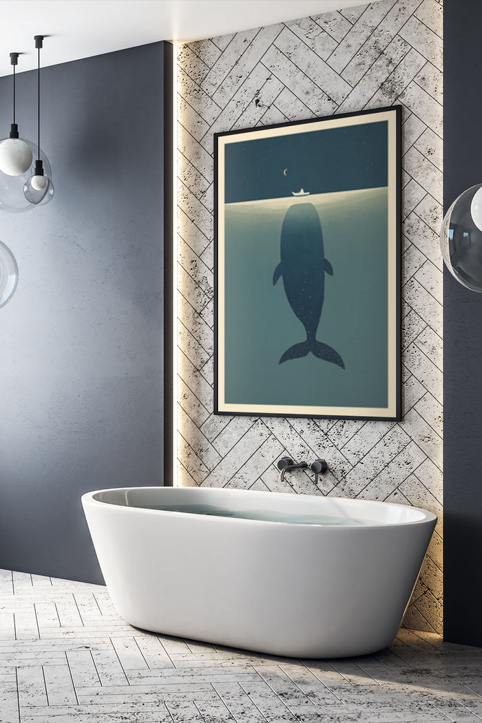 Minimalist whale poster in modern bathroom interior design