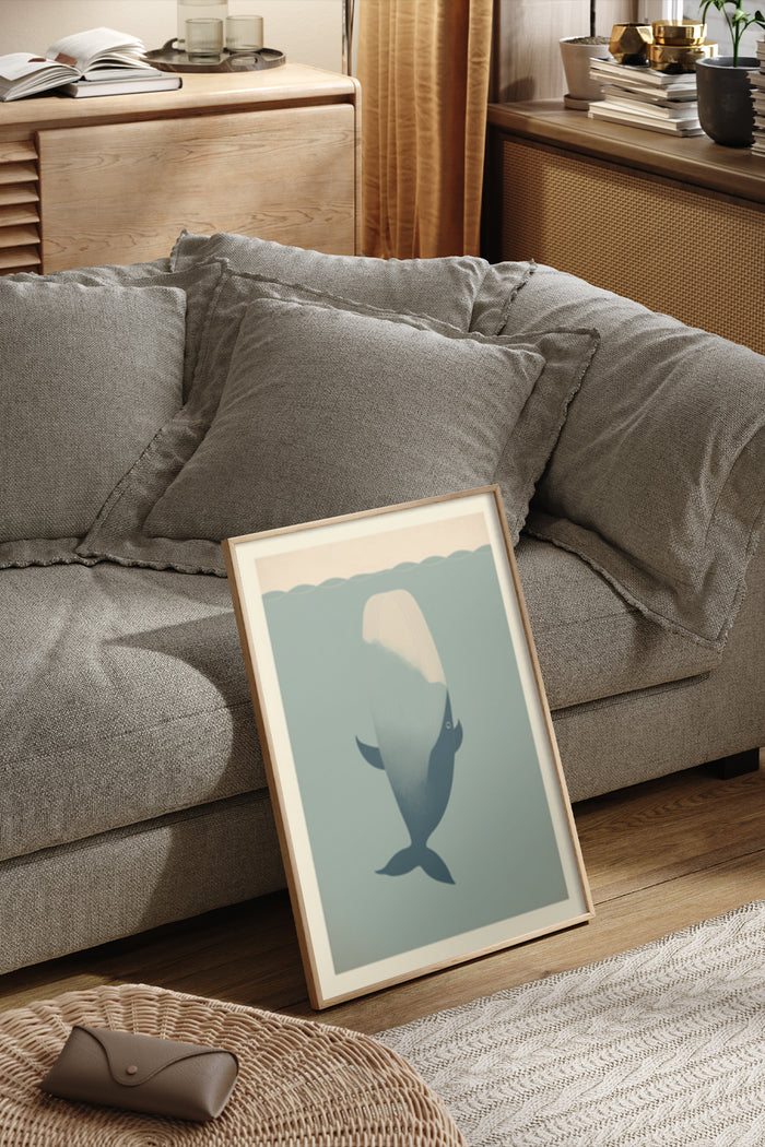 Minimalist whale poster in a modern living room setting, ideal for contemporary home decor