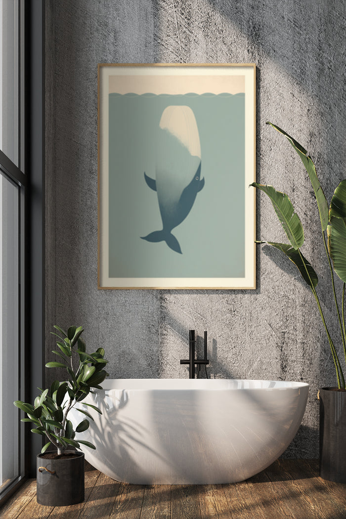 Minimalist Whale Tail Artwork Poster Displayed Above Bathtub in Contemporary Bathroom Interior
