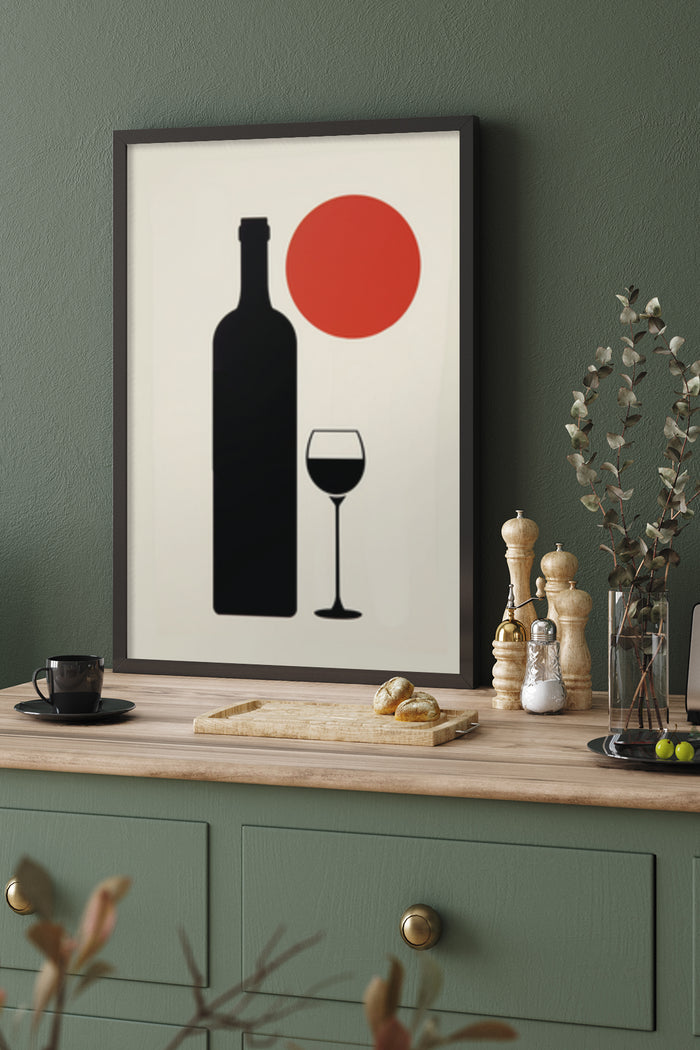Minimalist wine bottle and glass silhouette poster with red circle design