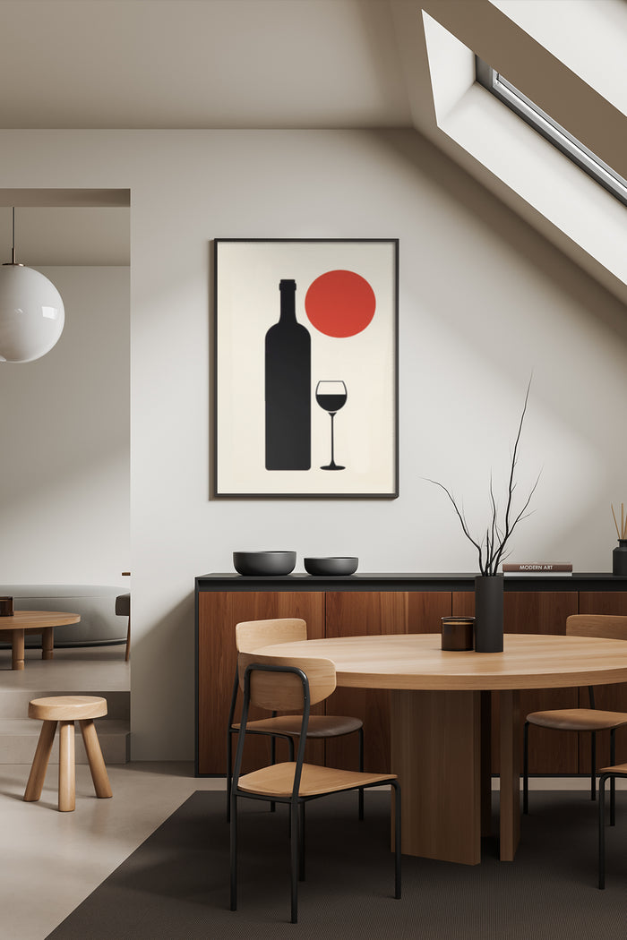Minimalist wine bottle and glass poster art in contemporary dining room interior design