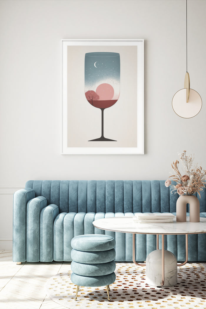 Stylish minimalist poster of a wine glass with a moonlit night design displayed in a modern living room