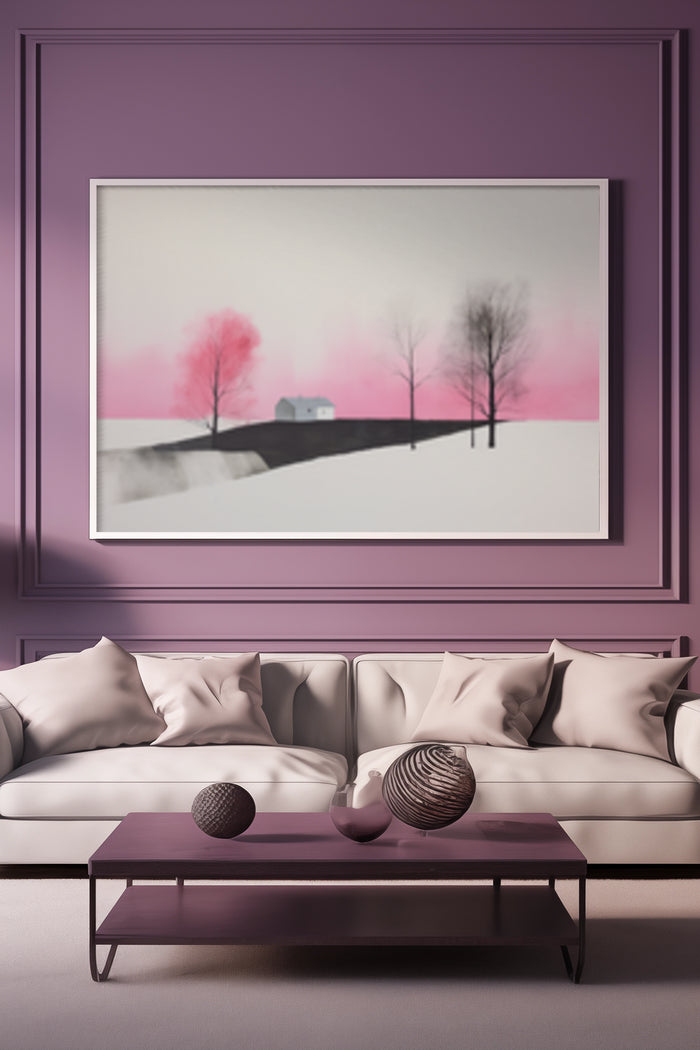 Minimalist Winter Landscape Painting with Warm Pink Sunset Poster in Modern Living Room