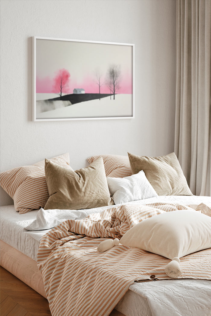 Minimalist winter landscape with a pink sunset framed poster above the bed in a cozy bedroom interior