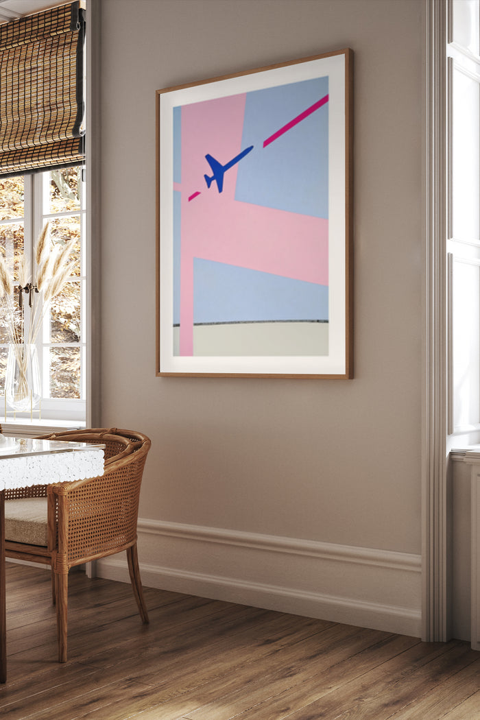 Abstract modern art poster featuring an airplane silhouette with geometric shapes in a stylish home interior