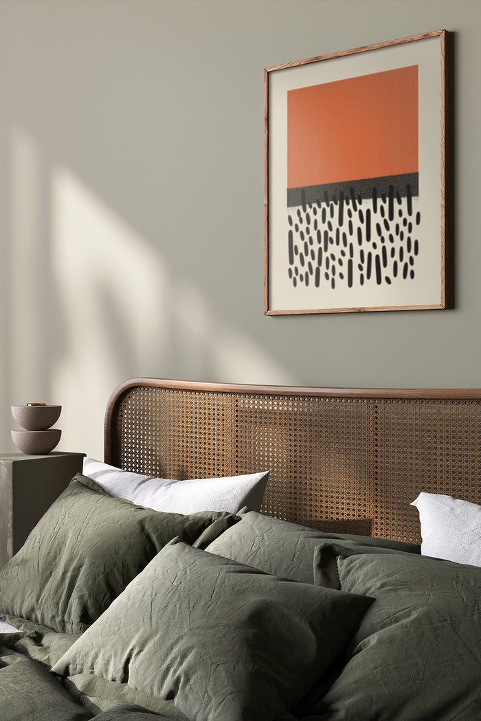 Modern abstract art with orange background and black droplets design in a bedroom setting