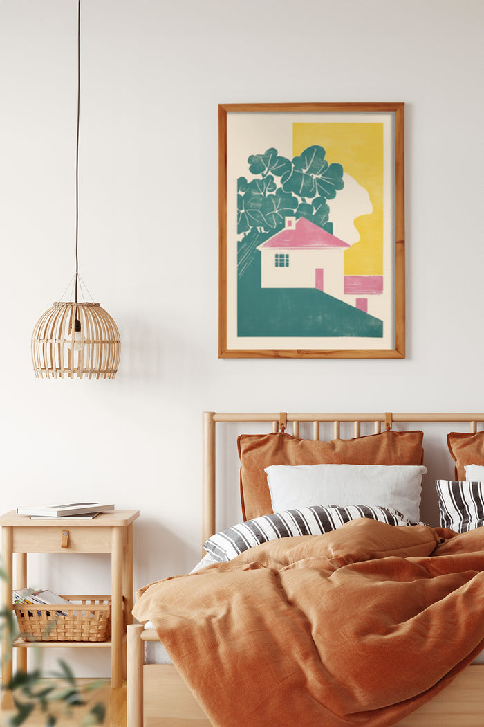 Stylish contemporary abstract art poster with geometric shapes framing a house, prominently displayed above a bed with warm terracotta bedding