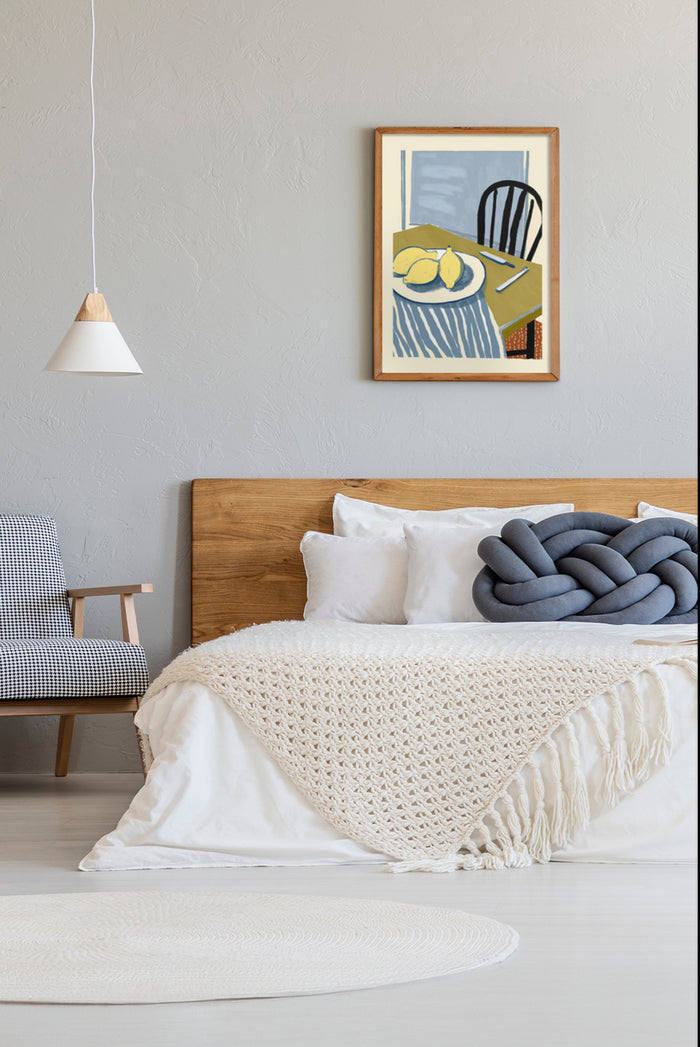 Modern abstract art poster framed on wall above bed in a contemporary bedroom design