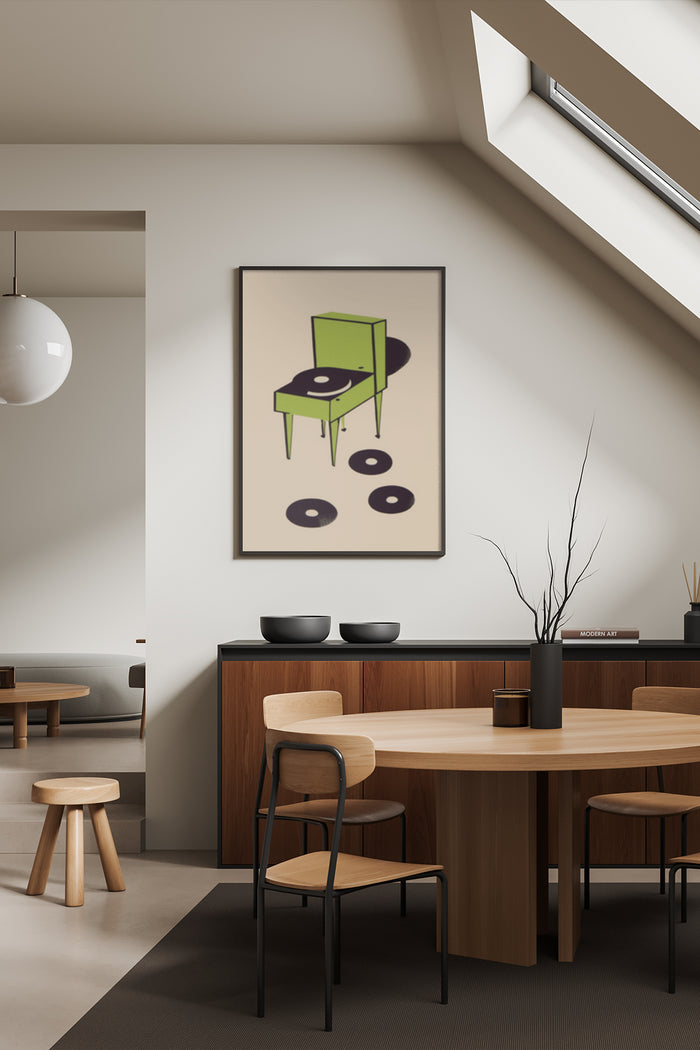 Stylish modern abstract art poster displayed in contemporary dining room setting