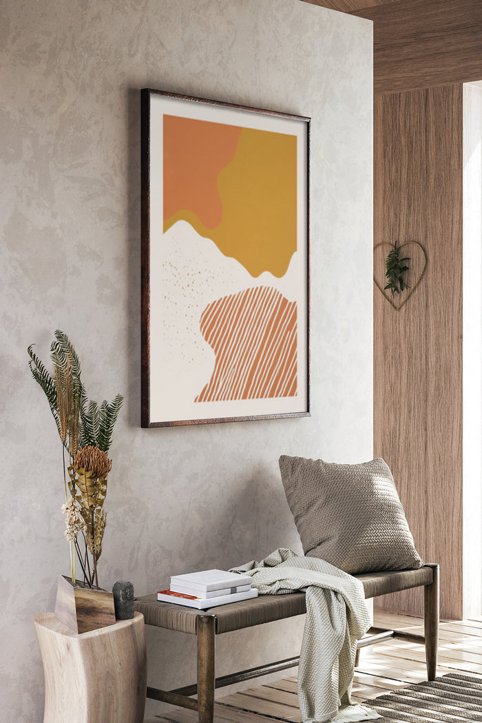 Stylish modern abstract art poster with warm tones displayed in a contemporary home interior