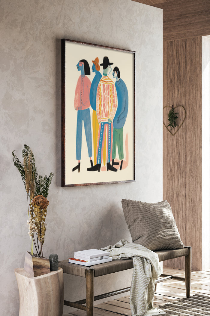 Contemporary abstract art poster with stylized figures displayed in a cozy living room setting