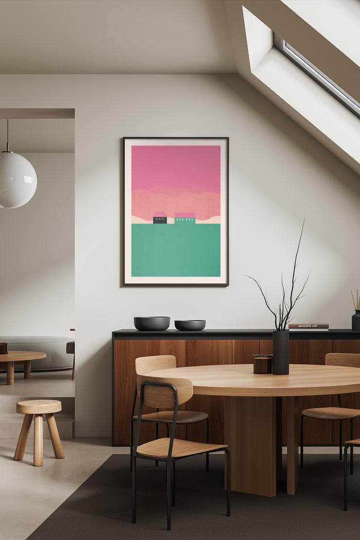 Stylish modern abstract art poster displayed in contemporary living room setting
