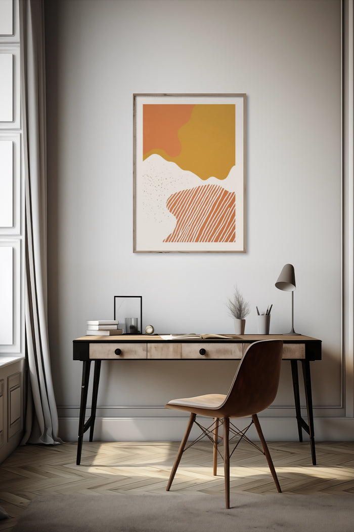 Modern abstract art poster with warm tones displayed in a stylish minimalist home office interior