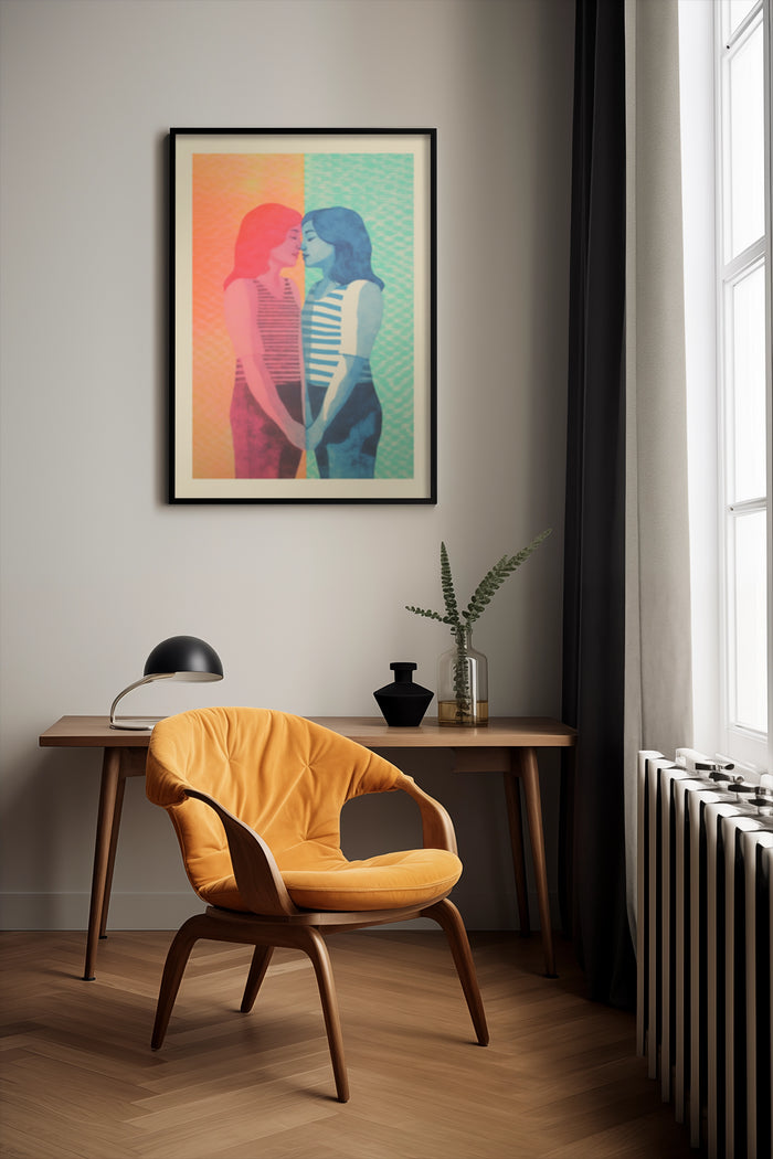 Colorful abstract poster of two figures in modern living room setting