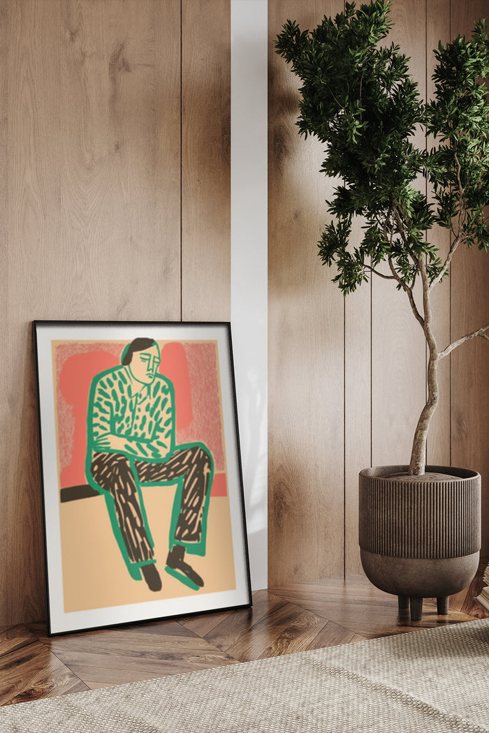 Abstract expressionist style artwork poster with seated figure in modern interior beside decorative plant