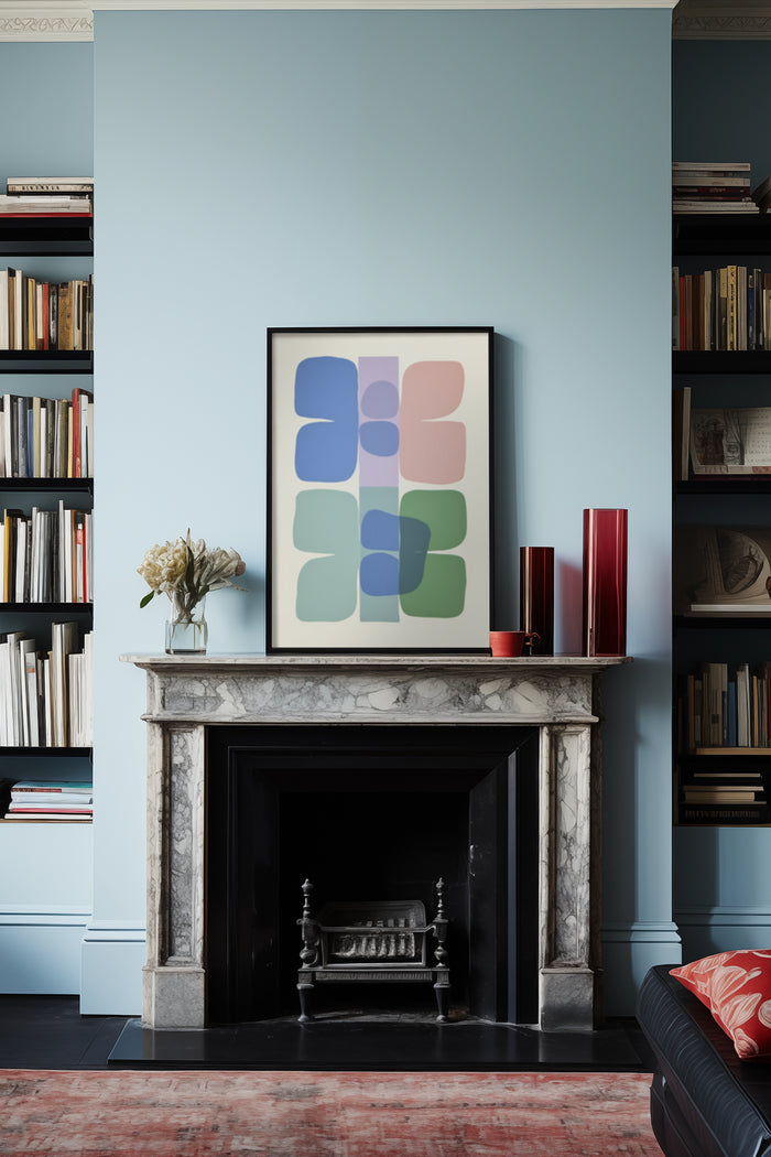Modern abstract art poster mounted above marble fireplace in an elegant living room interior with bookshelves