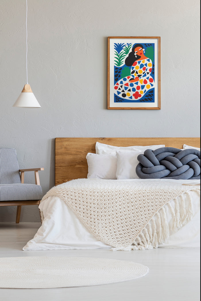 Stylish bedroom with modern abstract geometric poster art