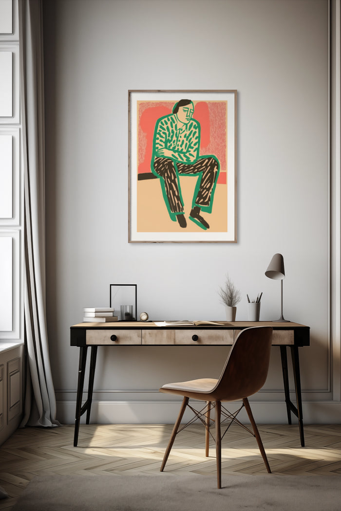 Modern abstract figure painting poster on wall above stylish wooden desk in contemporary home interior