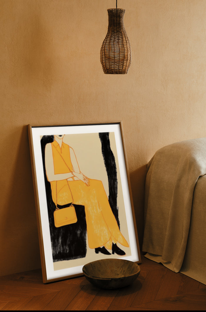 Contemporary abstract painting of seated person with orange tones displayed in a cozy room setting