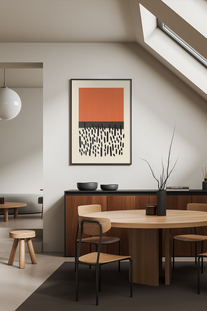Contemporary orange and black abstract art poster displayed in a stylish dining room