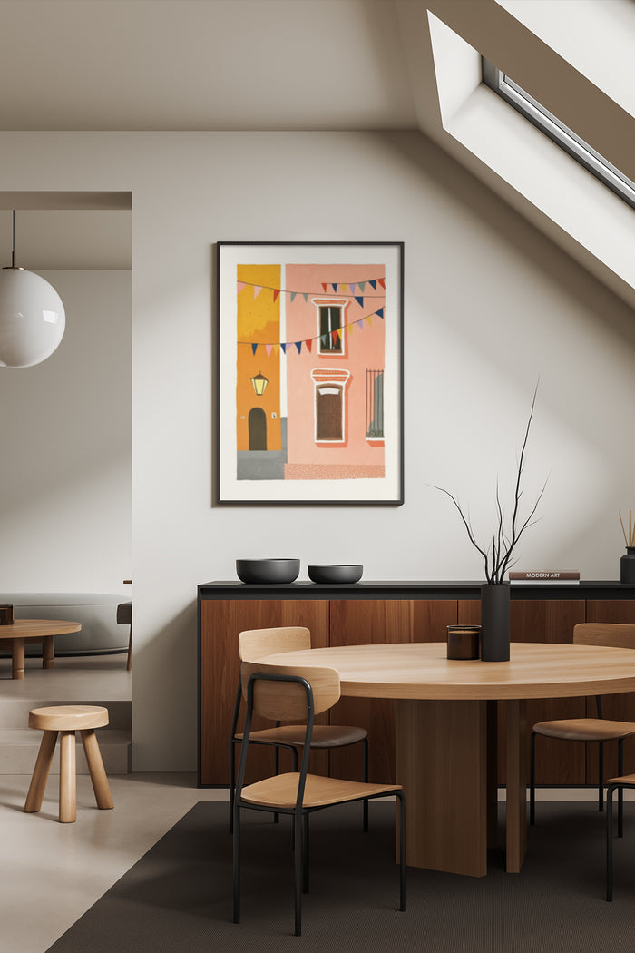 Modern abstract poster featuring a pink building and festive bunting displayed in a contemporary dining room
