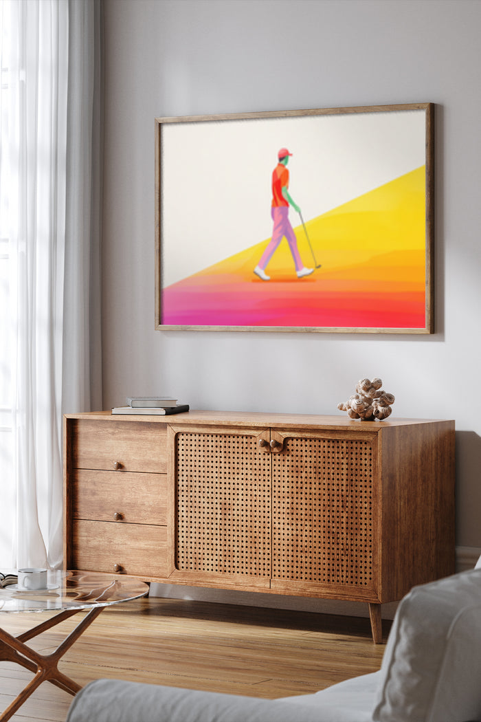 Modern abstract art poster of a figure walking on a colorful geometric gradient background displayed in a room