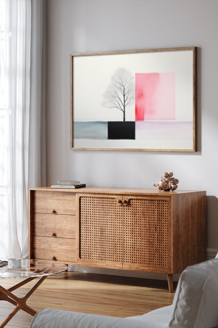 Modern abstract wall art in wooden frame above mid-century style sideboard in home interior