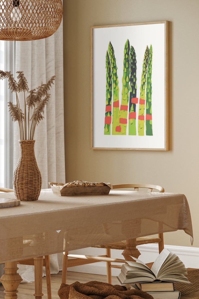Modern abstract poster of stylized asparagus in a dining room setting