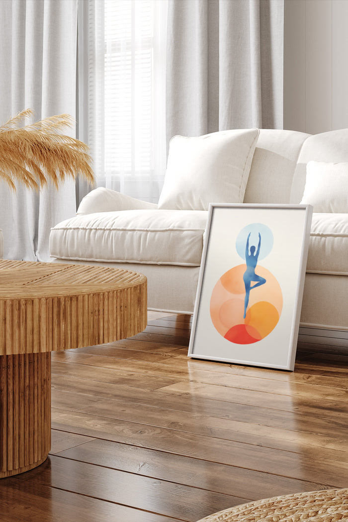 Modern abstract art poster featuring ballet dancer silhouette with colorful circles, displayed in a stylish home environment
