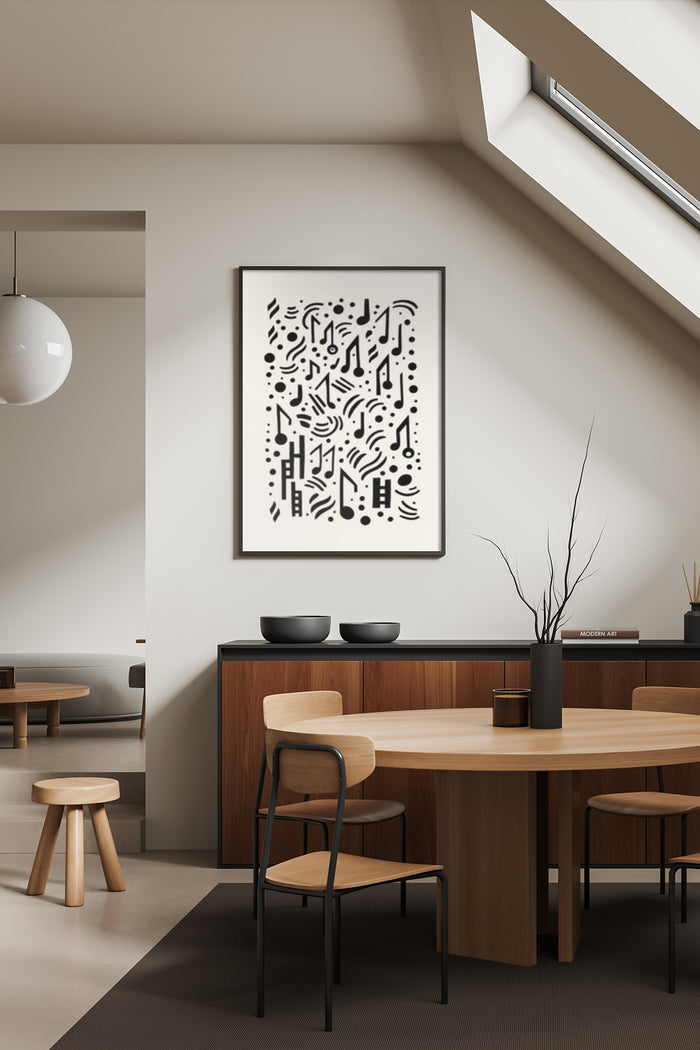 Contemporary black and white abstract art poster displayed in a modern dining room interior