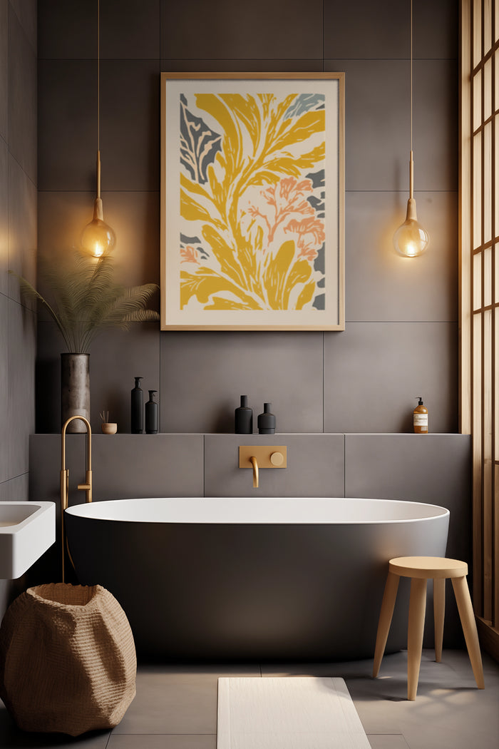 Contemporary abstract floral artwork poster in a chic and modern bathroom interior